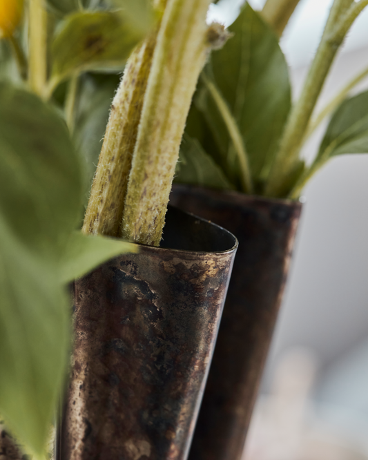 Vasen er laget av jern med patinert, brun overflate. Den vifteformede vasen har også elegante folder – eller bølger – som gir et organisk og dekorativt utseende.