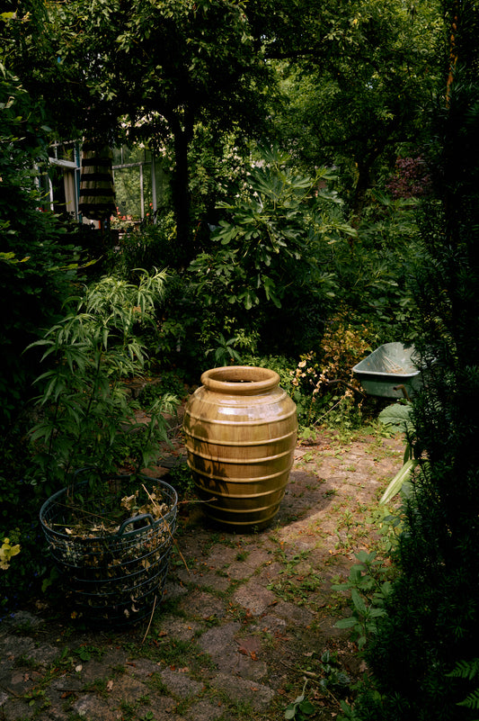 Den vakre glaserte okergule gulvvasen Olive Tree fra Hk Living er raus i størrelsen (den måler Ø60 x H82 cm) – noe som gjør den perfekt til å holde høye grener og små trær. Men den er også veldig vakker stående alene, i en stue, spisestue eller større gang.