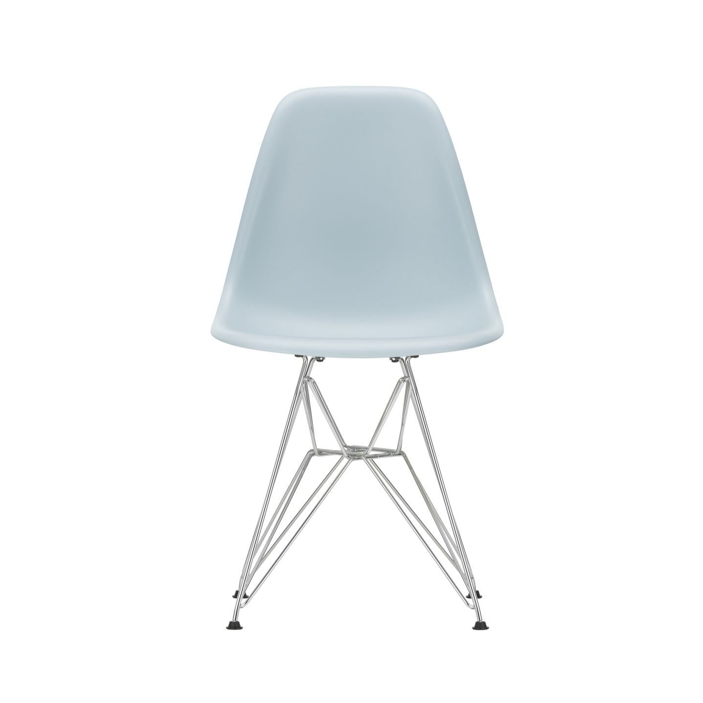 Spisestol Eames Plastic Side Chair RE DSR fra Vitra med kromfarget understell og gråblått sete (23 Ice grey).