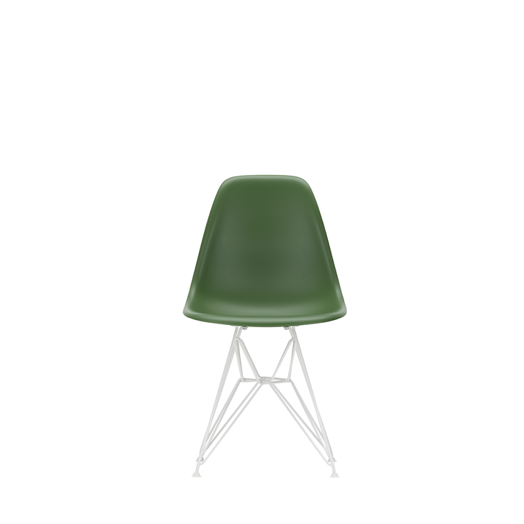 Spisestol Eames Plastic Side Chair RE DSR fra Vitra med hvitt understell og grønt sete (48 Forest).