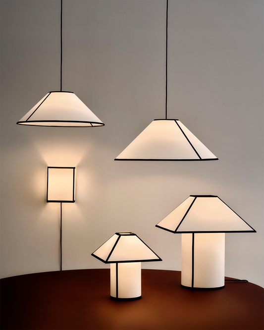 Ava-serien fra Hay. Her med vegglampe Ava Square Wall Lamp, taklampe Ava Cone Pendant og bordlampe Ava Pyramid Table Lamp.