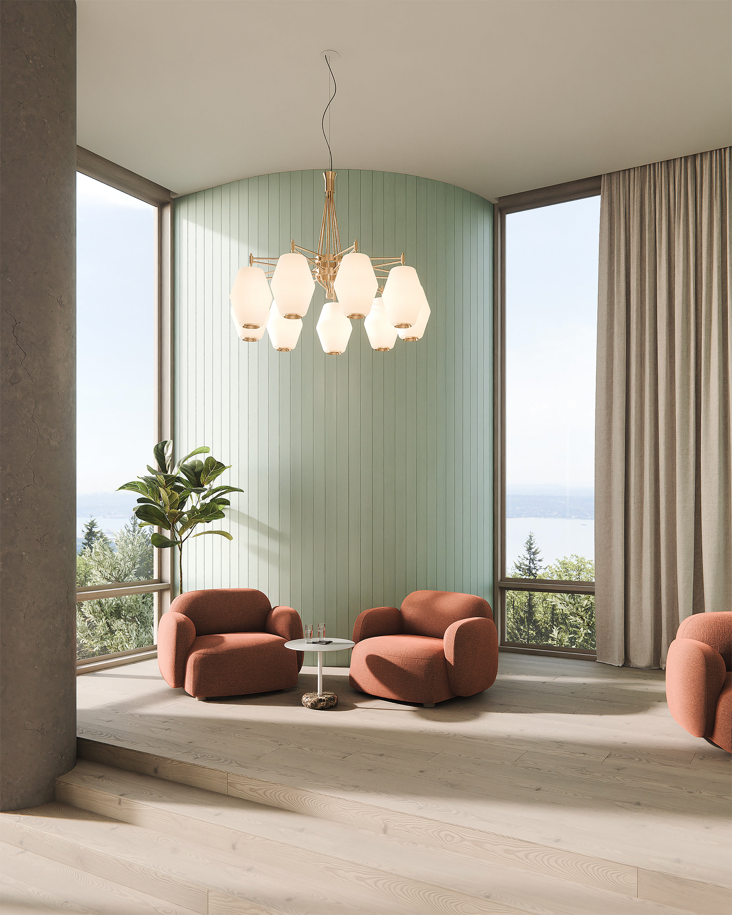 Taklampe Dahl Chandelier i messingfinish med store glasskupler fra Northern.