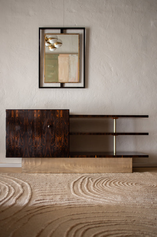 Vintage skjenk Art Deco i mørkt Ziricote-tre og sølvbelagt messing