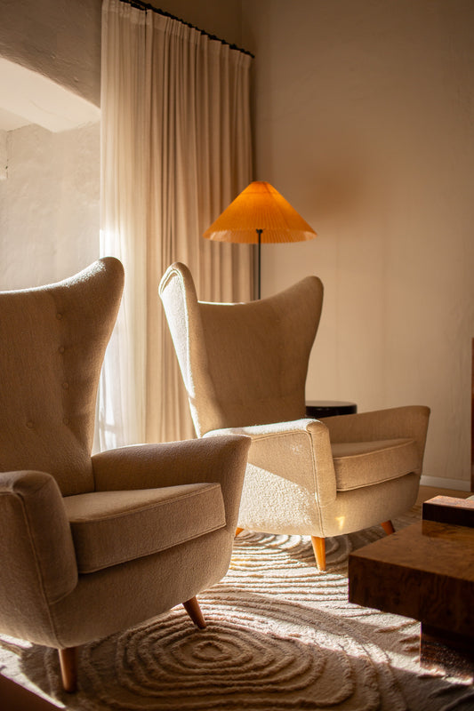 Vintage lenestoler Wingback (sett med 2) i sandfarget ulltekstil