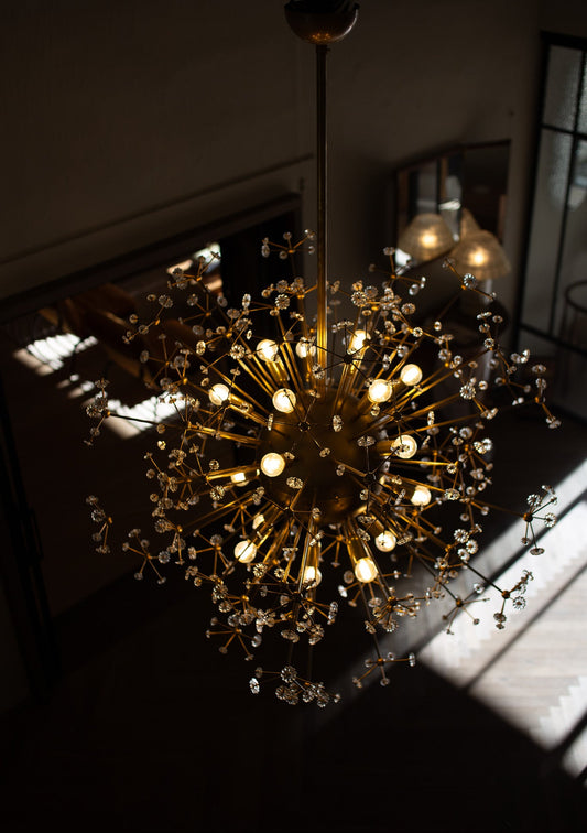 Vintage lysekrone Dandelion i messing med små blomster i Murano-glass