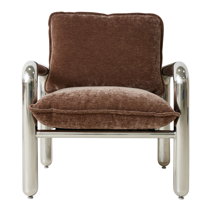 Lenestolen Chrome Lounge Chair fra HK Living med puter i tekstilet Velvet Brown, sett forfra.