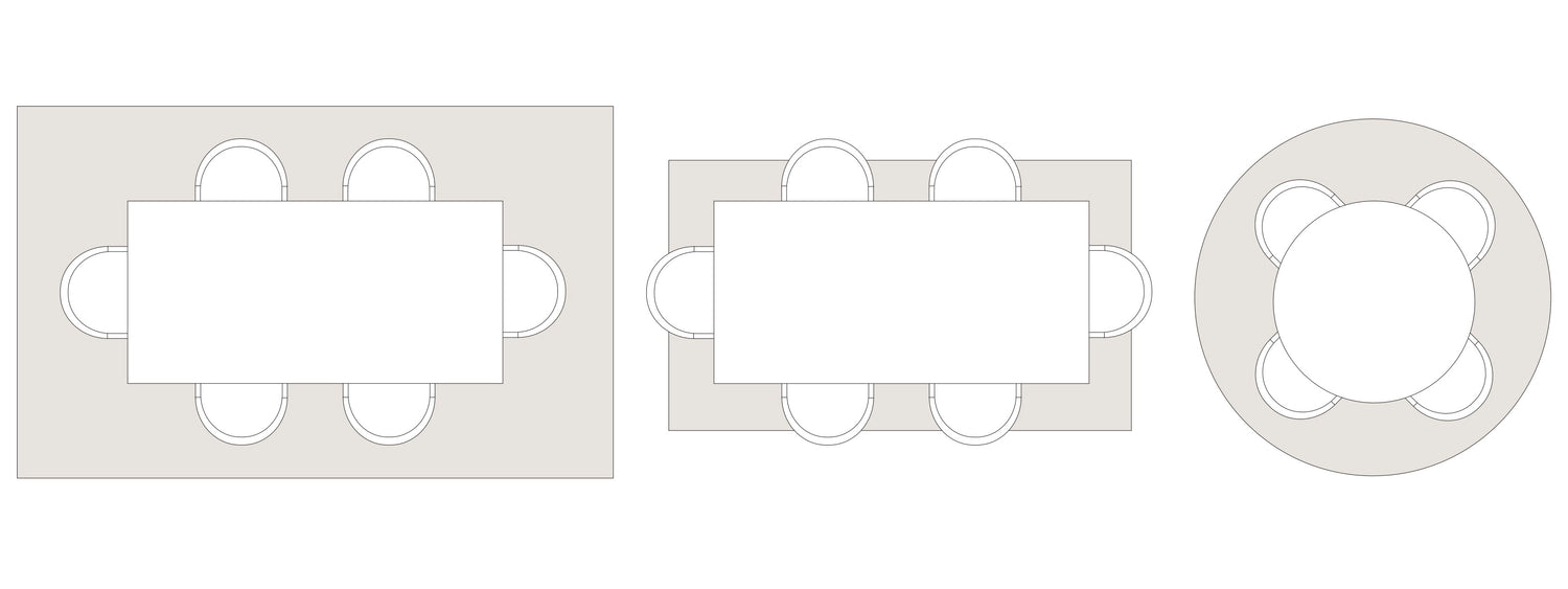Skisse på plassering av teppe i spiseplass, under avlangt spisebord  og rundt spisebord, tegnet av OsloDeco. 