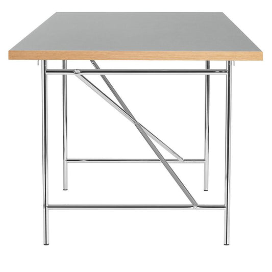 Eiermann 1 skrivebord med krom understell og grå linoleum bordplate med eikekant