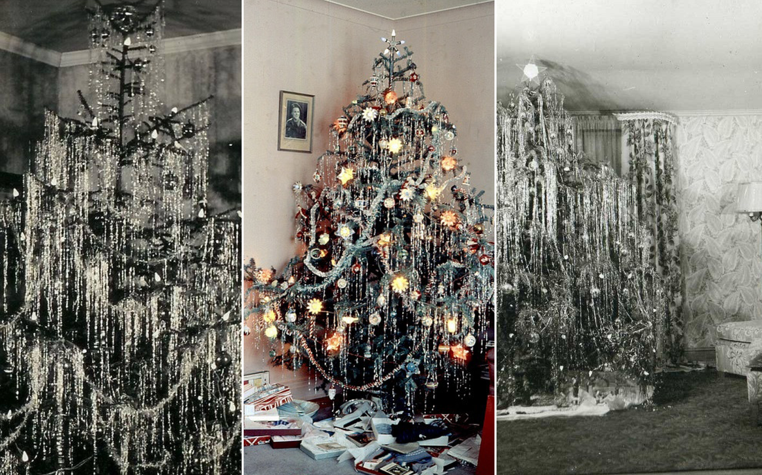 Vintage christmas ornaments and lametta tinsel metal glitter