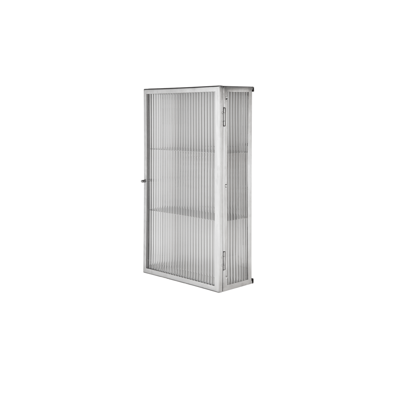 Veggskap Haze Wall Cabinet Rillet Glass fra Ferm Living i børstet stål / Brushed Stainless Steel.