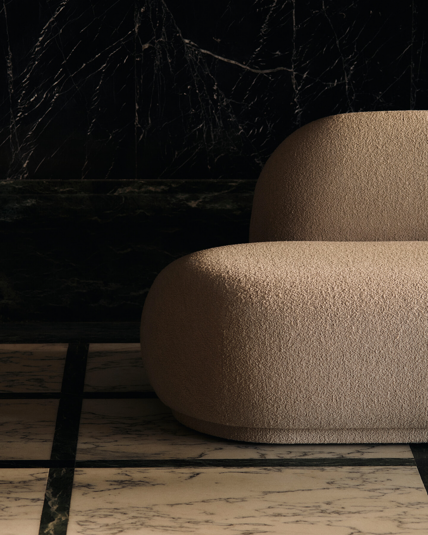 Modulsofa Rico fra Ferm Living i det beige tekstilet Soft Bouclé Natural. Her ser du modulen med åpen ende.