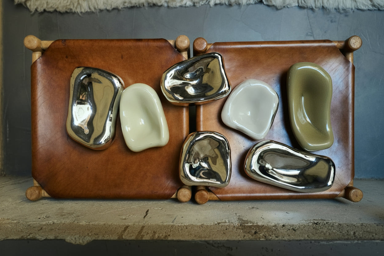 Glasskulpturene Glass Sculpture fra HKliving. Det finnes også en variant i krombelagt glass, som kommer i et sett på 4 stk.