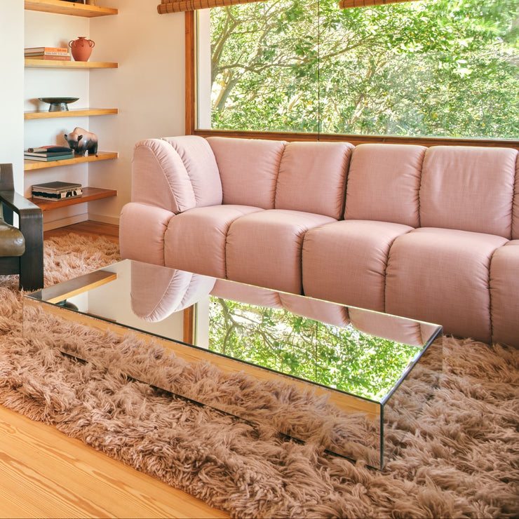 Sofabord i speilglass Mirror Block Coffee Table fra Hk Living, her med klart glass.