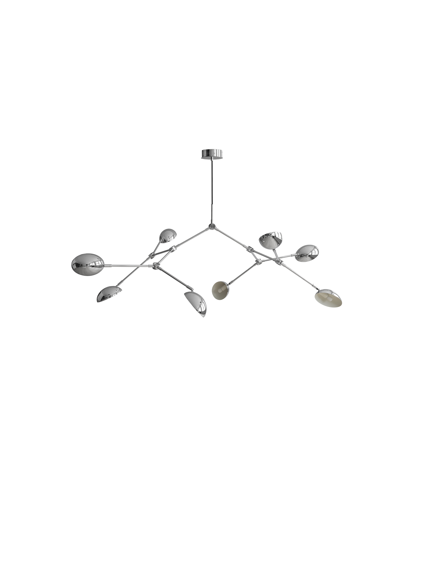 Taklampen Drop Chandelier Mini fra 101 Copenhagen er en kunstnerisk lampe og er ment som en hyllest til modernistisk lampedesign fra 1950-tallet. Med sine mykt buede skjermer og funksjonelle, justerbare armer kan du her skape utallige variasjoner, der du selv styrer lysets retning. De dråpeformede lampeskjermene sørger for god lysspredning og lampen avgir et varmt og behagelig lys.