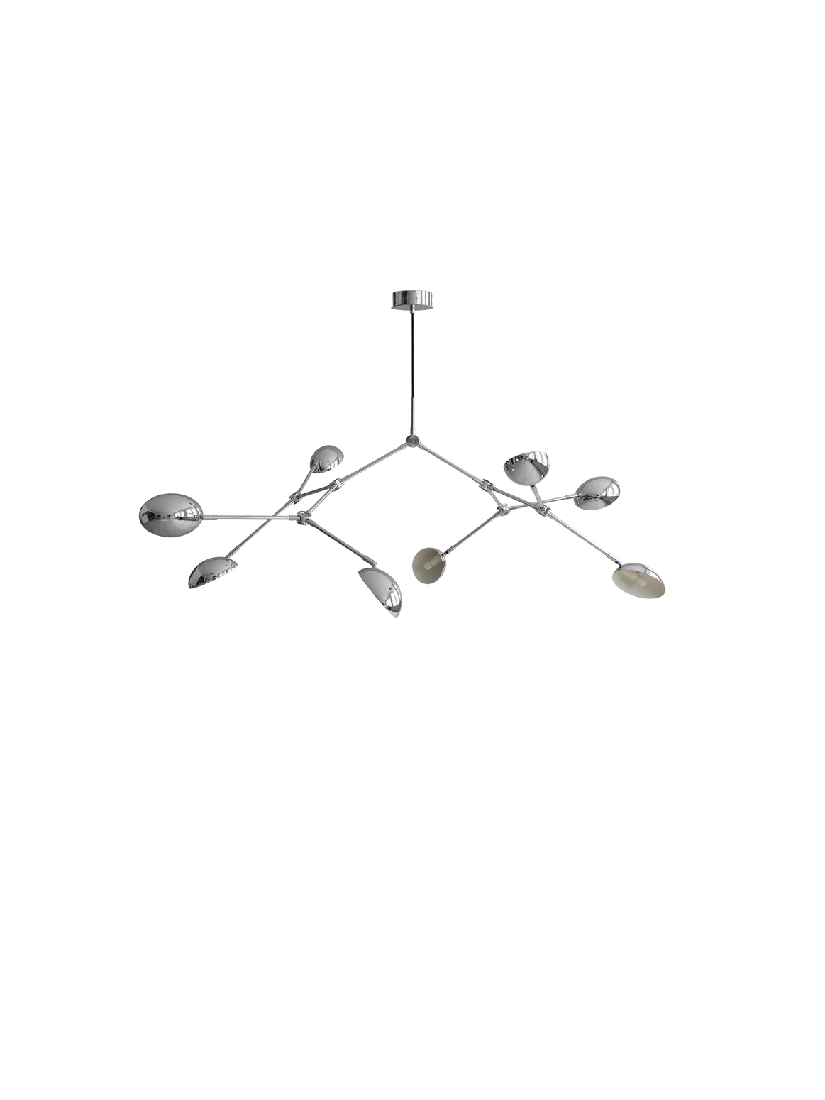 Taklampen Drop Chandelier Mini fra 101 Copenhagen er en kunstnerisk lampe og er ment som en hyllest til modernistisk lampedesign fra 1950-tallet. Med sine mykt buede skjermer og funksjonelle, justerbare armer kan du her skape utallige variasjoner, der du selv styrer lysets retning. De dråpeformede lampeskjermene sørger for god lysspredning og lampen avgir et varmt og behagelig lys.