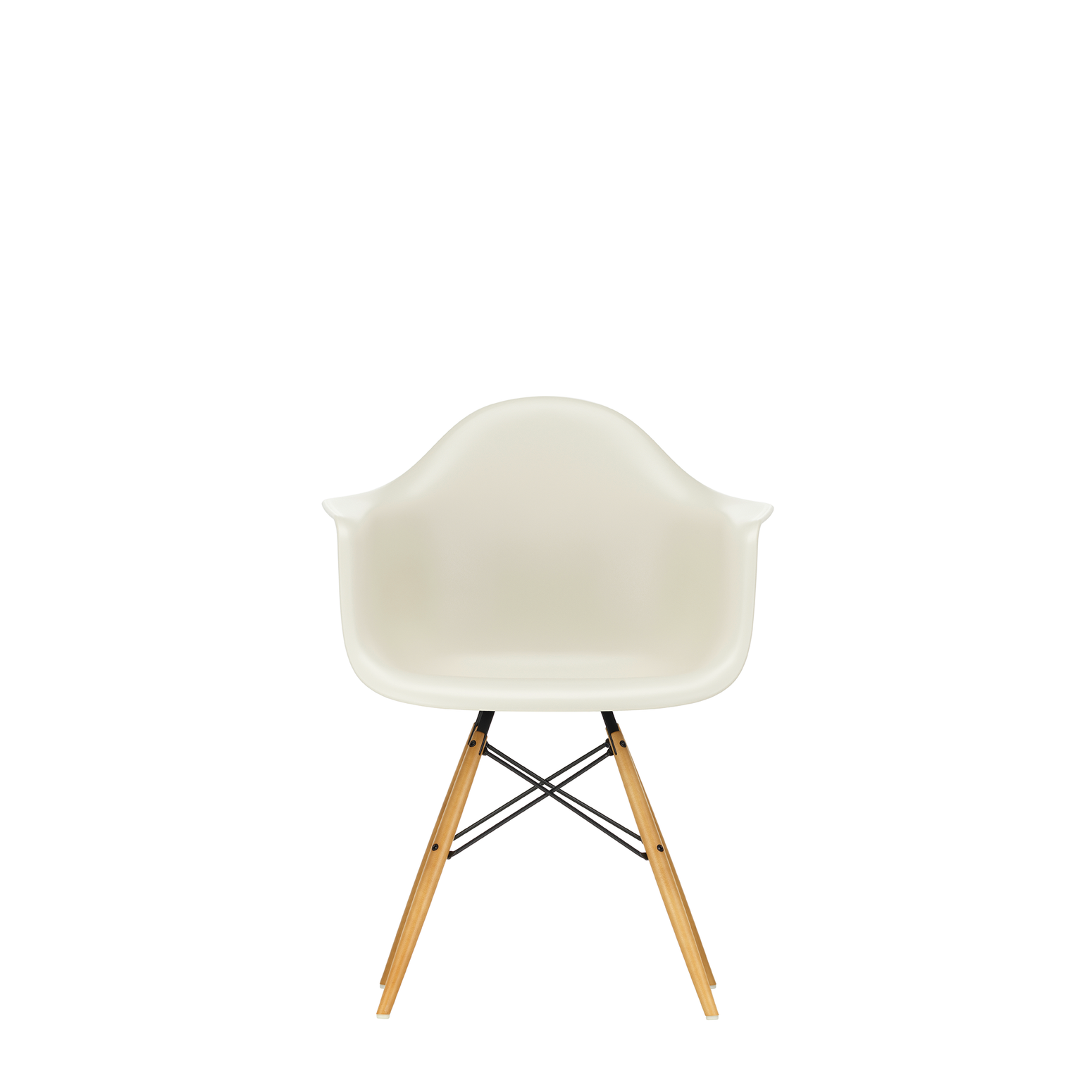 Spisestol Eames Plastic Armchair RE DAW fra Vitra, med ben i lønn og kremhvitt sete (Pebble)