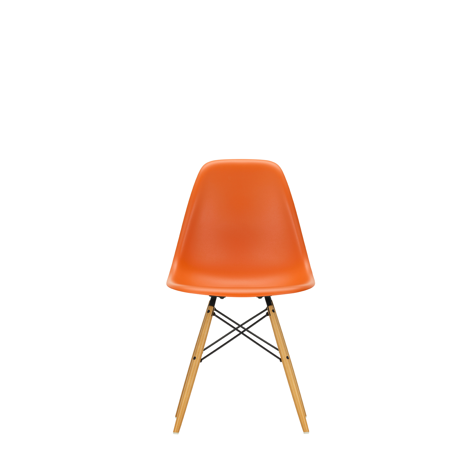 Spisestol Eames Plastic Side Chair RE DSW fra Vitra, med ben i lønn og oransje sete (Rusty orange)