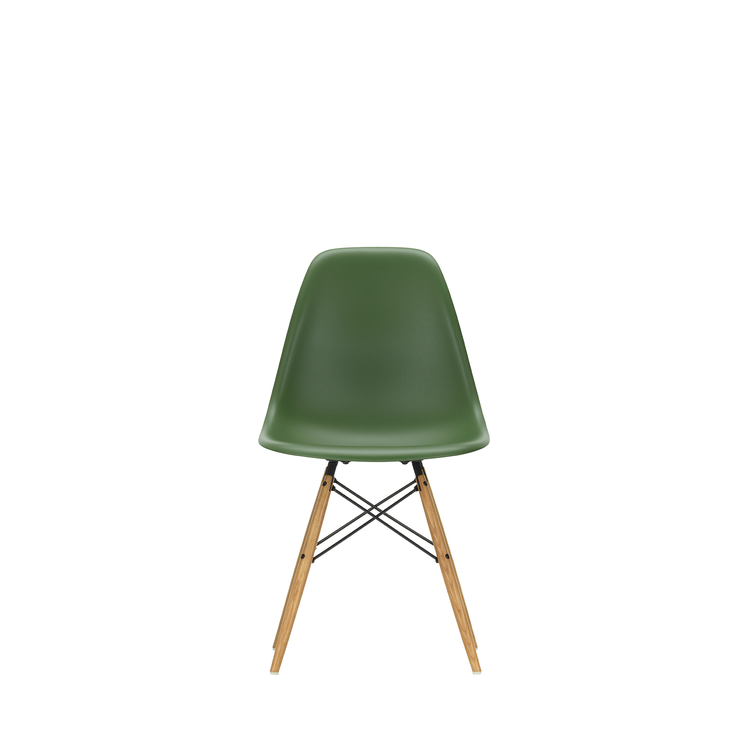 Spisestol Eames Plastic Side Chair RE DSW fra Vitra, med ben i ask og grønt sete (Forest)