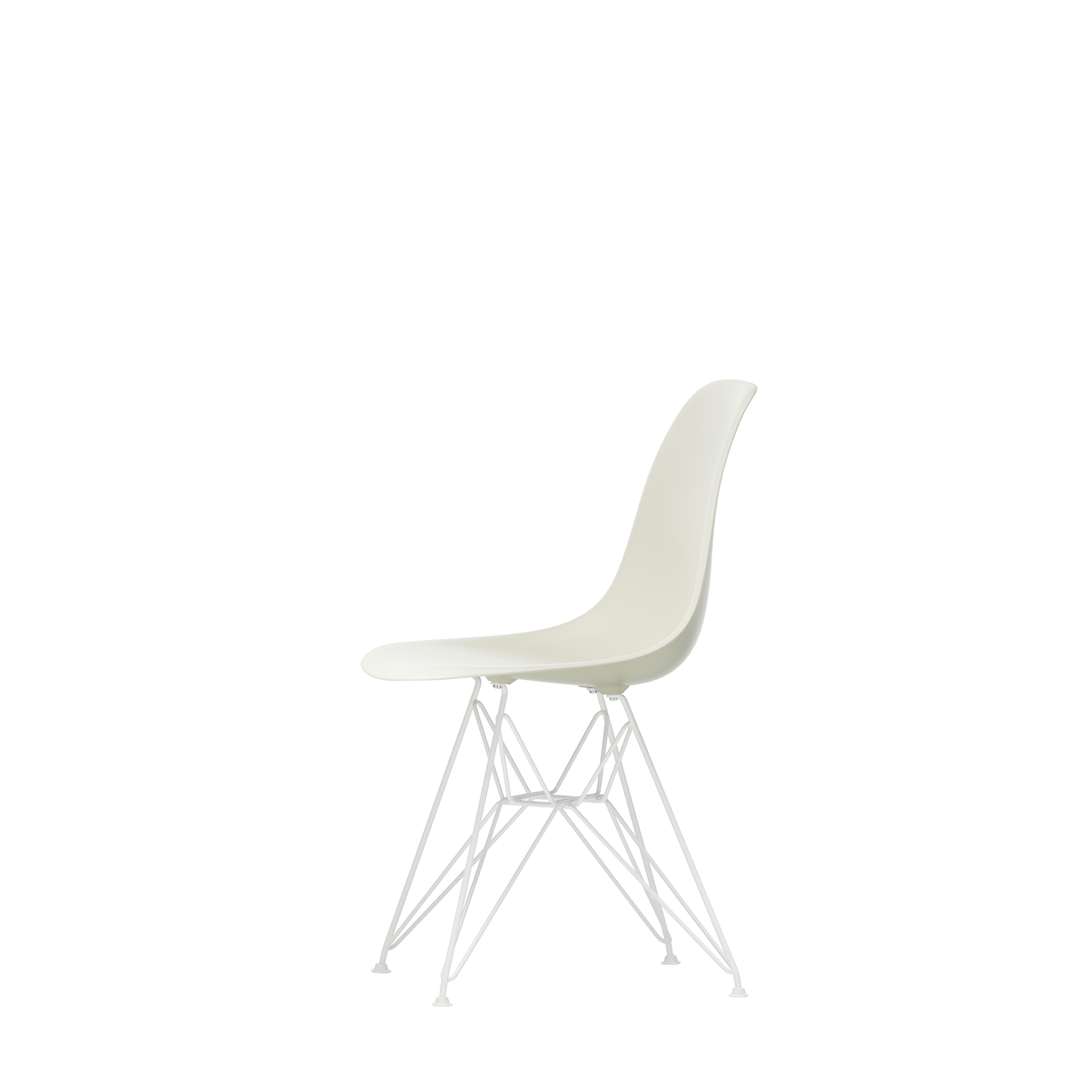 Spisestol Eames Plastic Side Chair RE DSR fra Vitra med hvitt understell og kremfarget sete (11 Pebble).