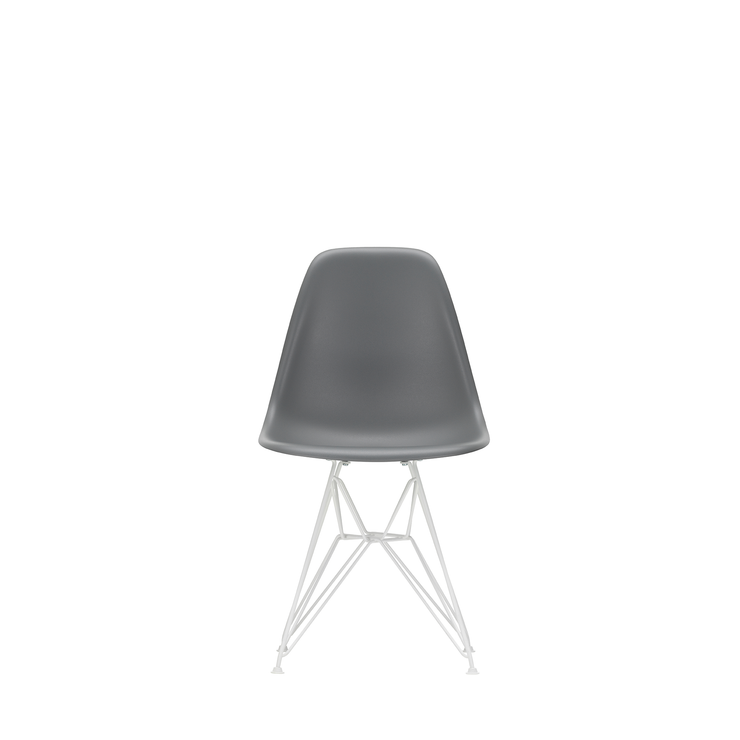 Spisestol Eames Plastic Side Chair RE DSR fra Vitra med hvitt understell og grått sete (56 Granite grey).