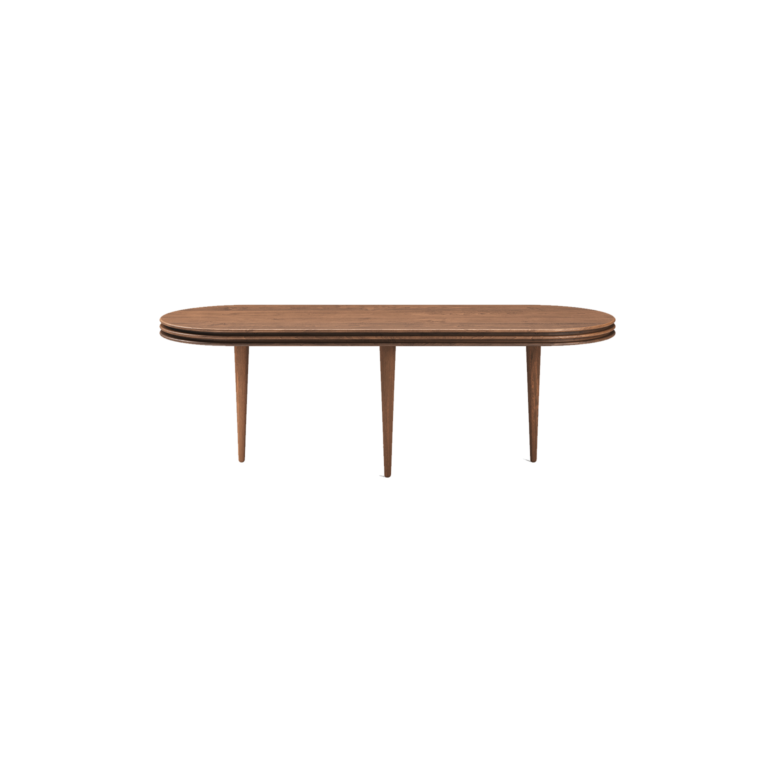Sofabord Groove Coffee Table ovalt fra dk3 i røkt eik, med høyde på 45 cm.