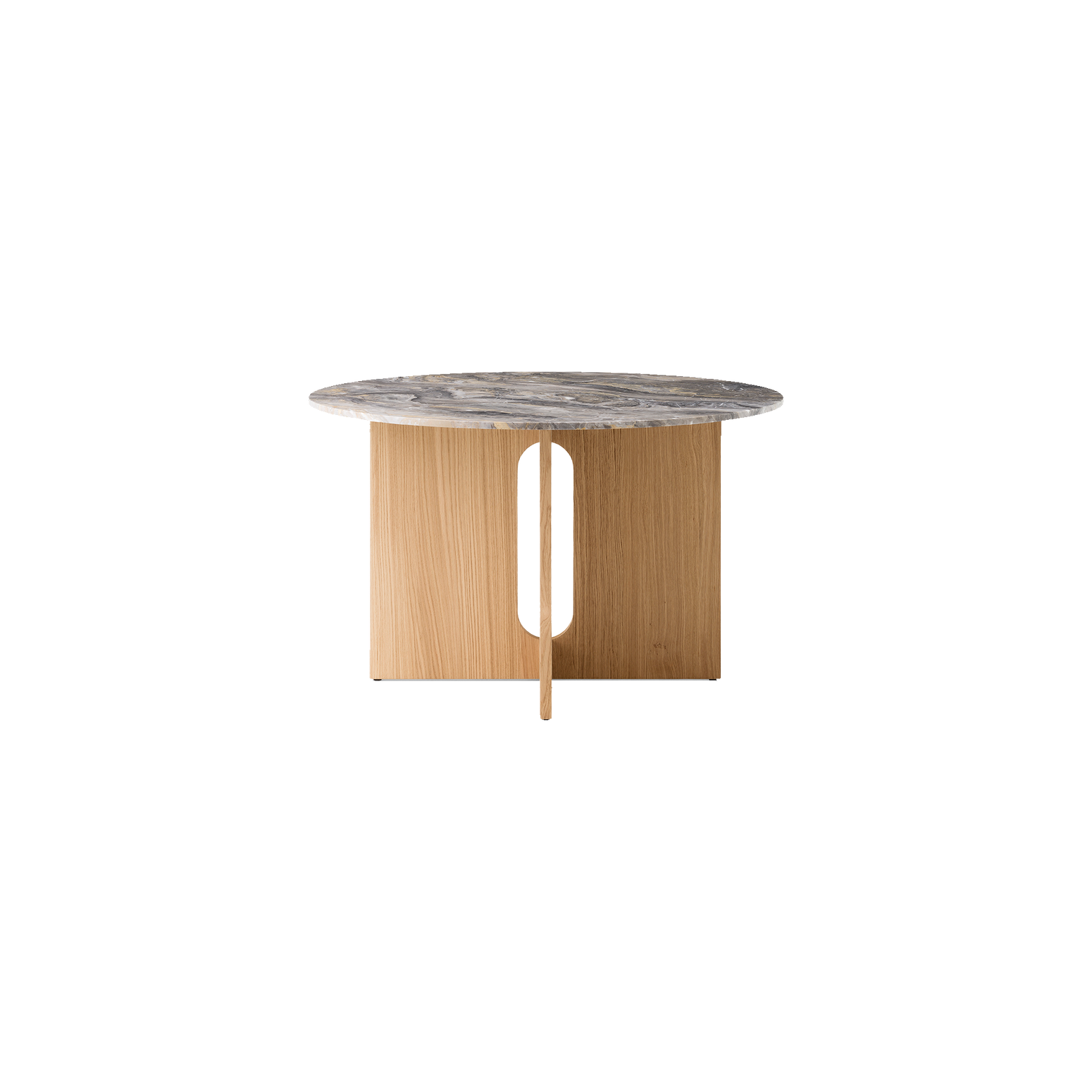 Spisebordet Androgyne Dining Table 120 cm med bordplate i Grey Galaxy Marble fra Audo Copenhagen med understell i natur eik/ Natural Oak.