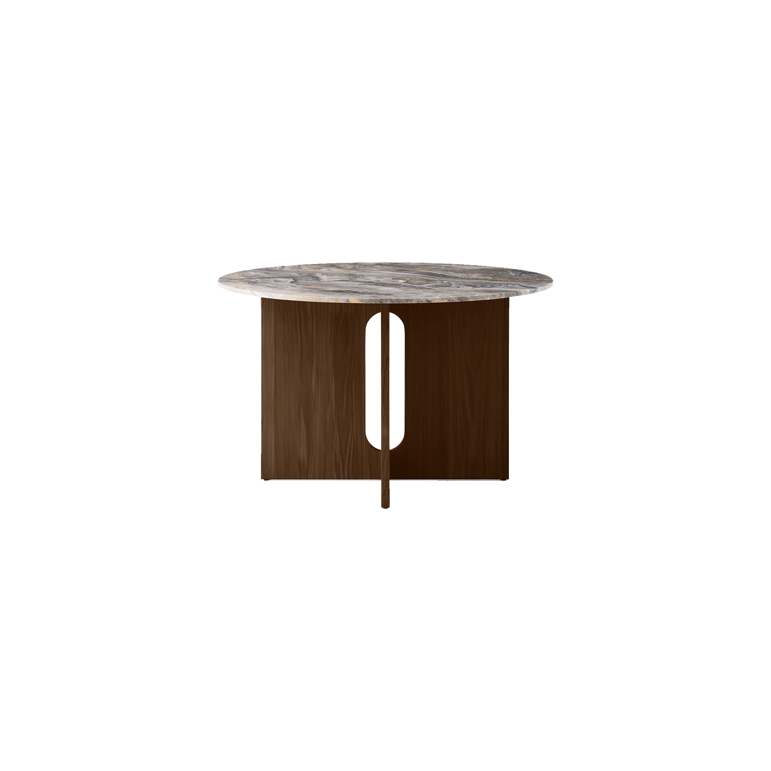 Spisebordet Androgyne Dining Table 120 cm med bordplate i Grey Galaxy Marble fra Audo Copenhagen med understell i mørkbeiset eik/ Dark Stained Oak.