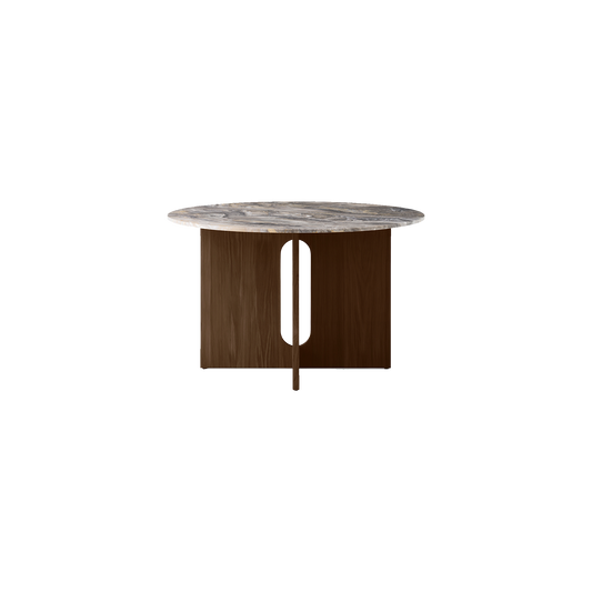 Spisebordet Androgyne Dining Table 120 cm med bordplate i Grey Galaxy Marble fra Audo Copenhagen med understell i mørkbeiset eik/ Dark Stained Oak.