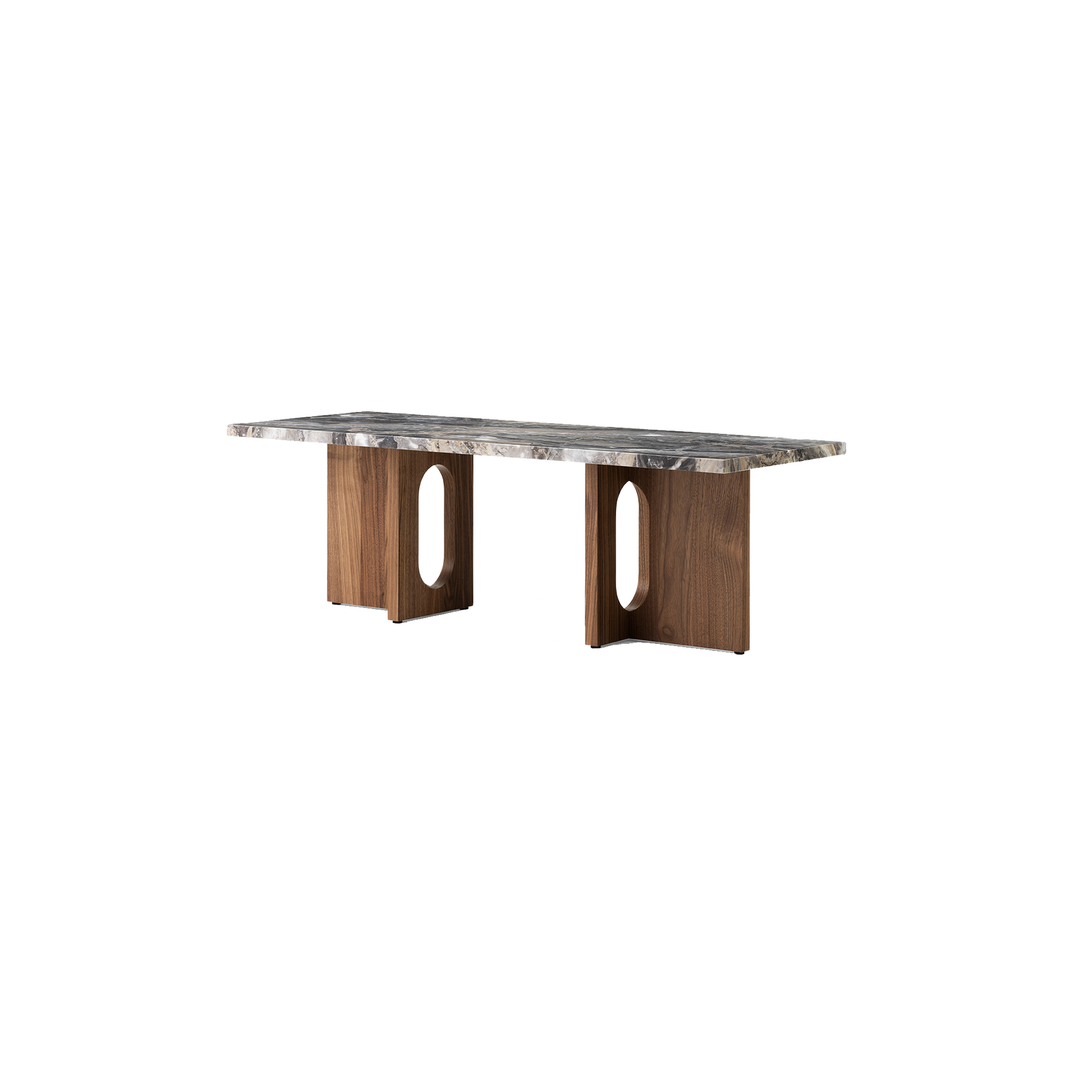 Sofabord Androgyne Lounge Table med platetopp i Grey Galaxy Marble og understell i valnøtt fra Audo Copenhagen.