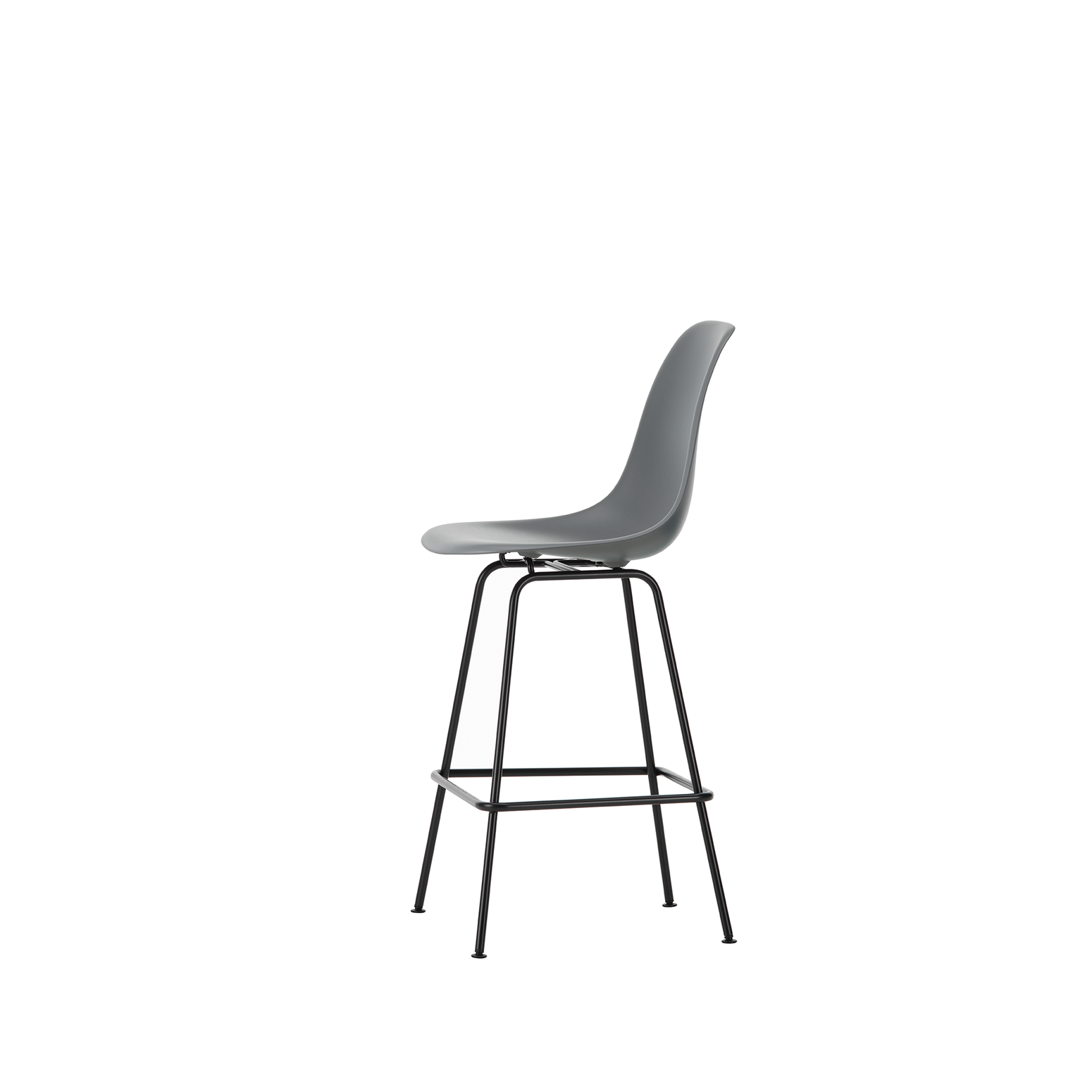 Barstol Eames Plastic Stool RE Medium, svarte ben og sete i fargen Granite grey