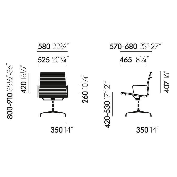 Mål på kontorstolen Aluminium Chair EA 131 fra Vitra
