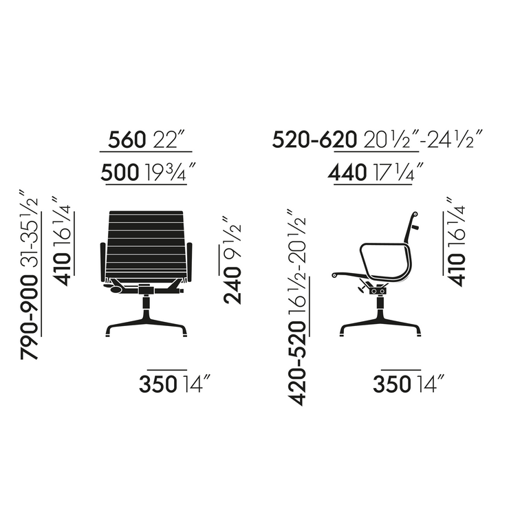 Mål på kontorstolen Aluminium Chair EA 132 fra Vitra