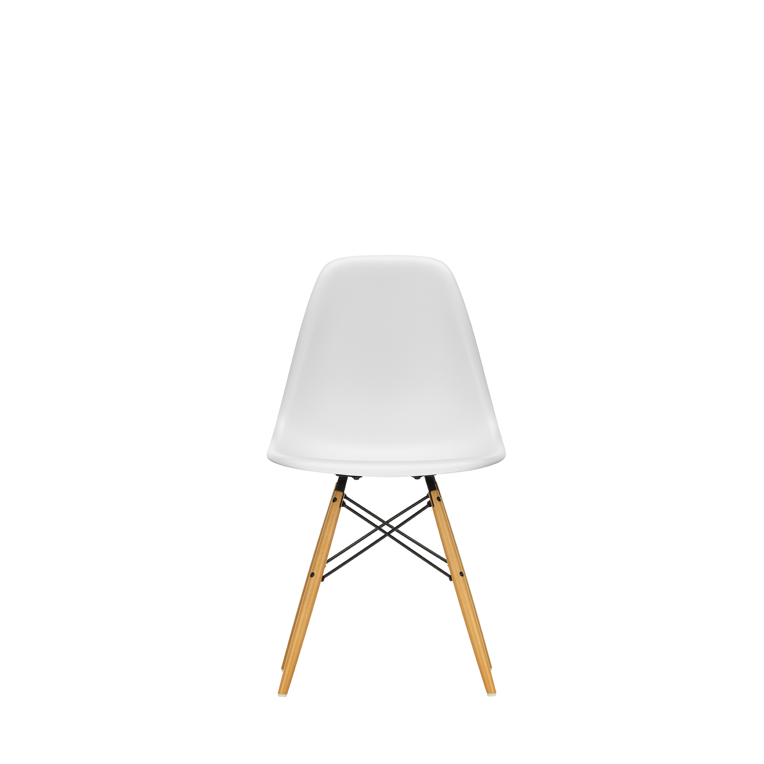 Spisestol Eames Plastic Side Chair RE DSW fra Vitra, med ben i lønn og hvitt sete (Cotton white)