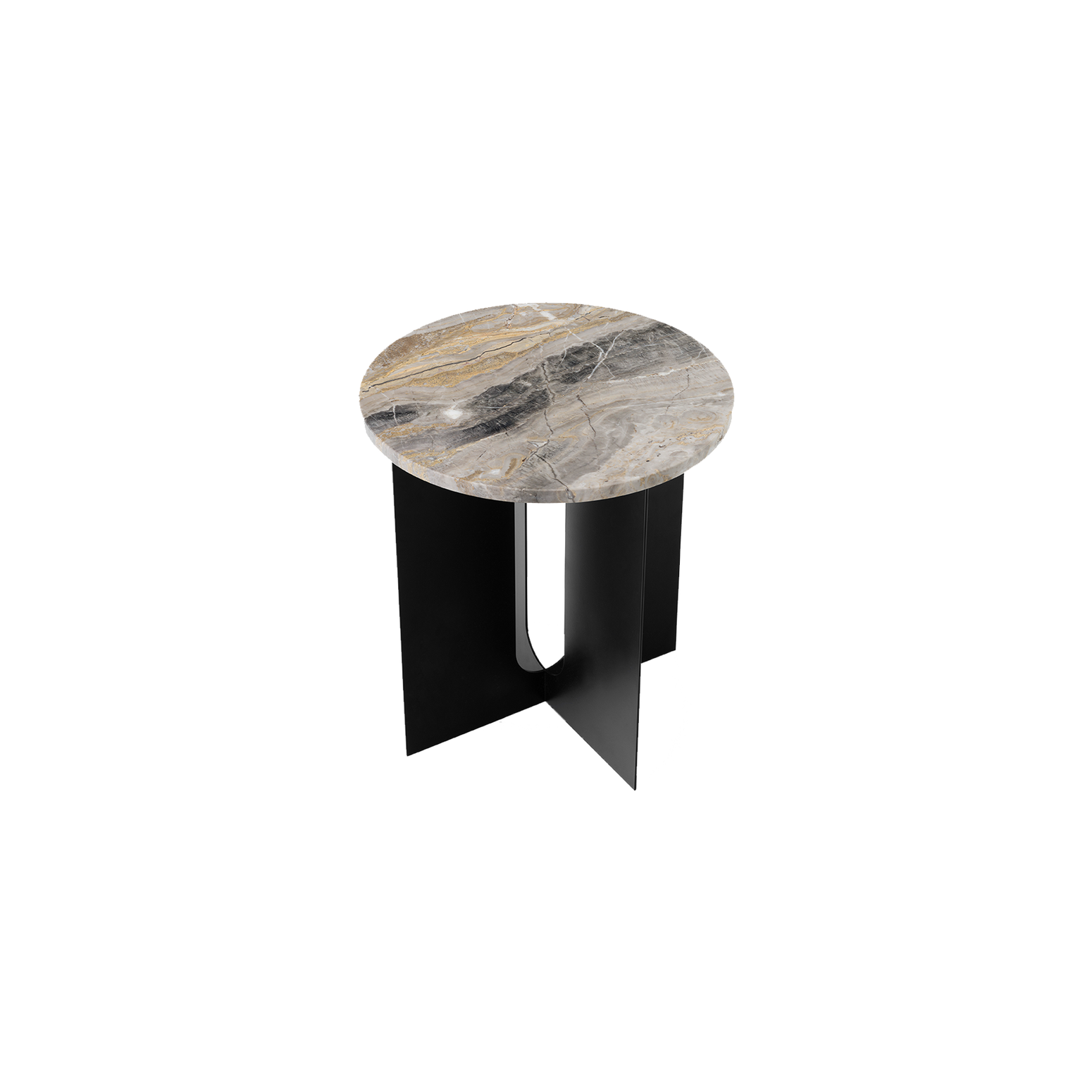 Sidebord Androgyne Side Table Ø40 cm fra Audo Copenhagen med understell i svart og bordplate i gråbrun/ Grey Galaxy Marble.