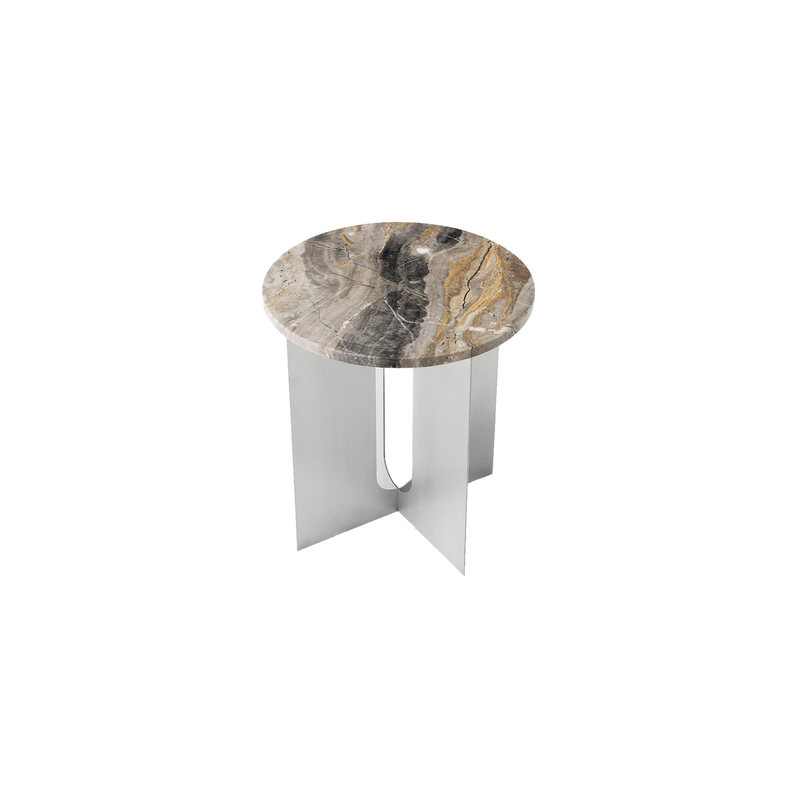 Sidebord Androgyne Side Table Ø40 cm fra Audo Copenhagen med understell i krom og bordplate i gråbrun/ Grey Galaxy Marble.