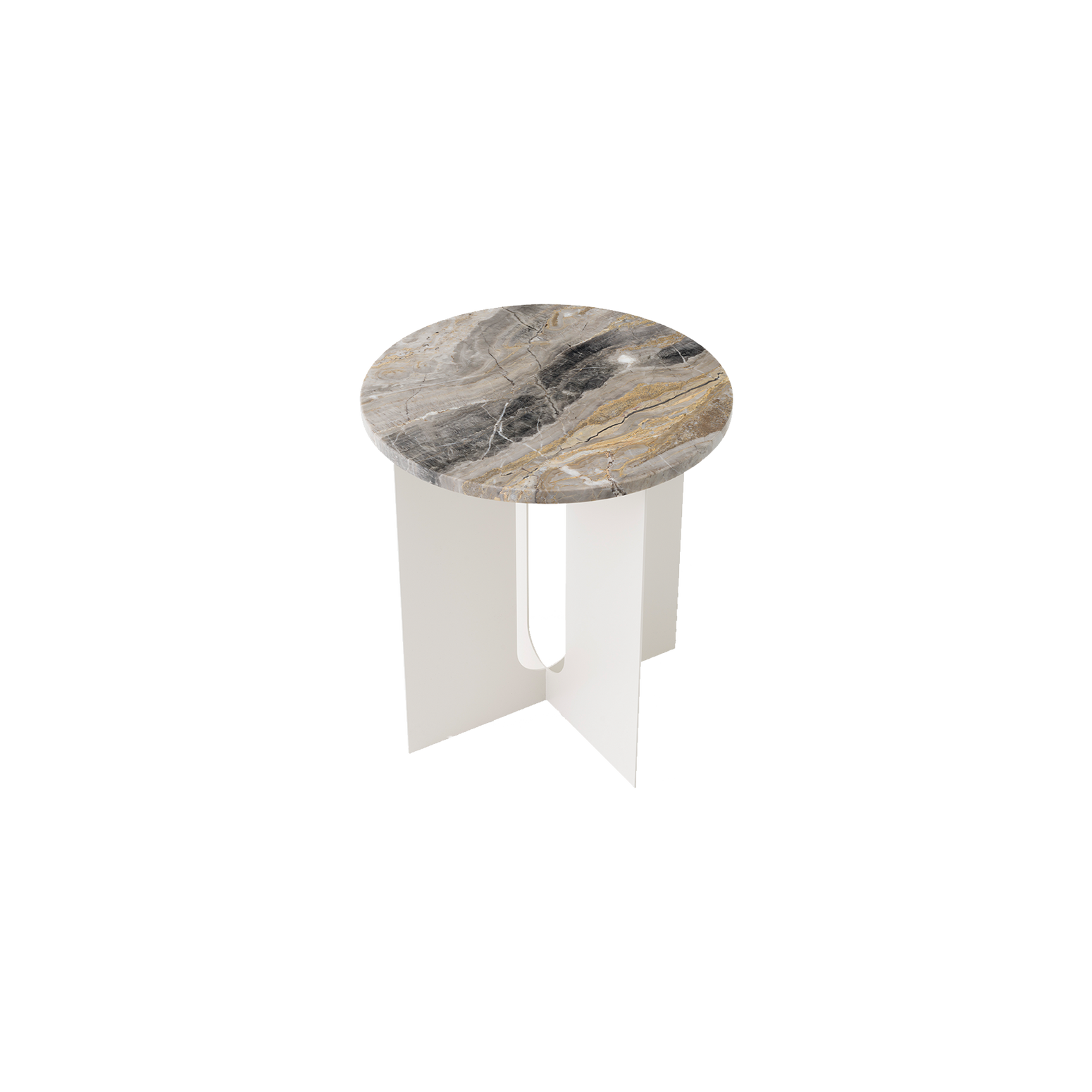 Sidebord Androgyne Side Table Ø40 cm fra Audo Copenhagen med understell i hvitt og bordplate i gråbrun/ Grey Galaxy Marble.