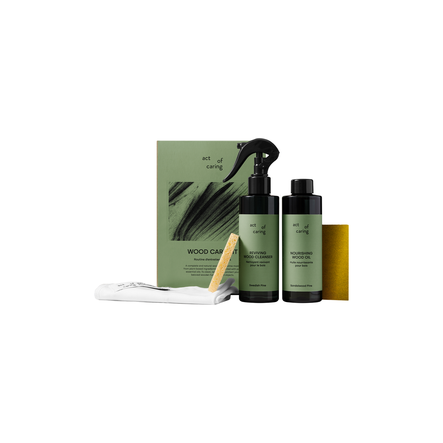 Pleiesett til tremøbler Wood Care Kit fra Act of Caring.