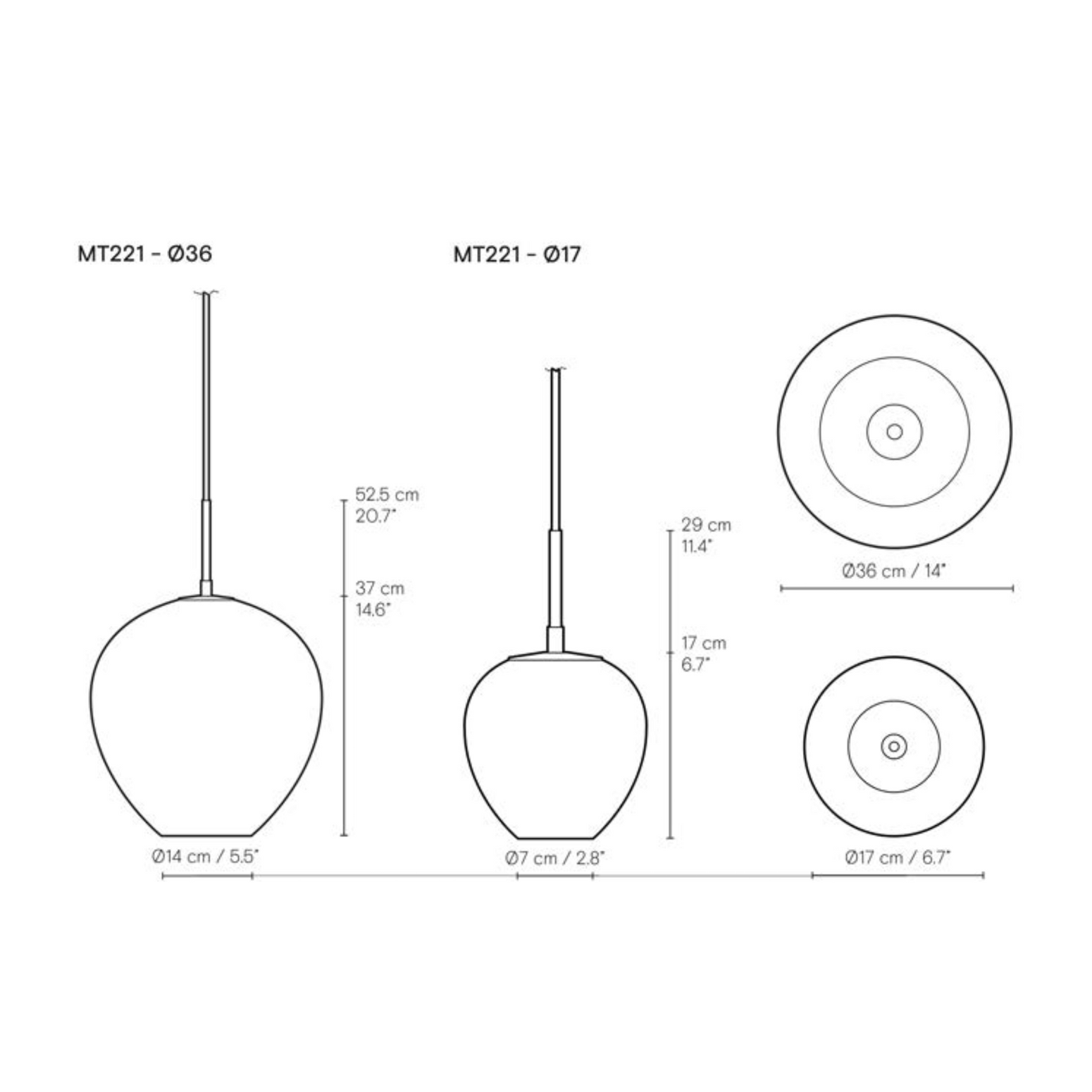 Dimensjoner på pendellampe MT221 Tulip Pendant fra Carl Hansen & Søn (stor og liten)