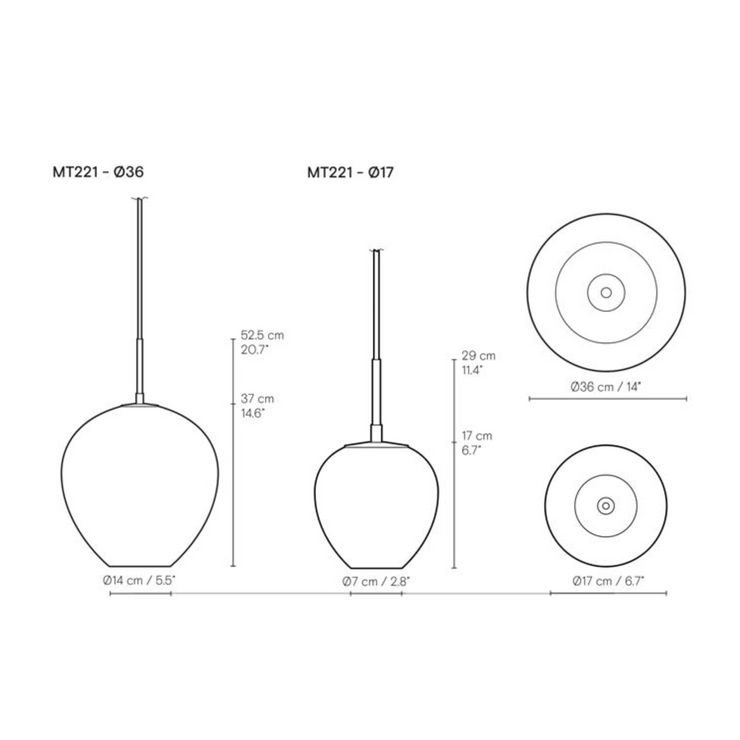 Dimensjoner på pendellampe MT221 Tulip Pendant fra Carl Hansen & Søn (stor og liten)