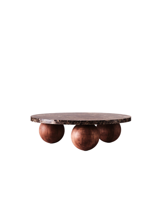 Bordet Sphere Round fra Dusty Deco med bordplate i blankpolert brun marmor