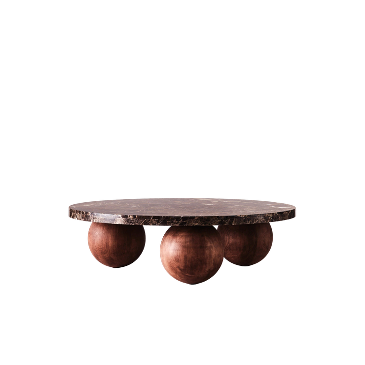 Bordet Sphere Round fra Dusty Deco med bordplate i blankpolert brun marmor