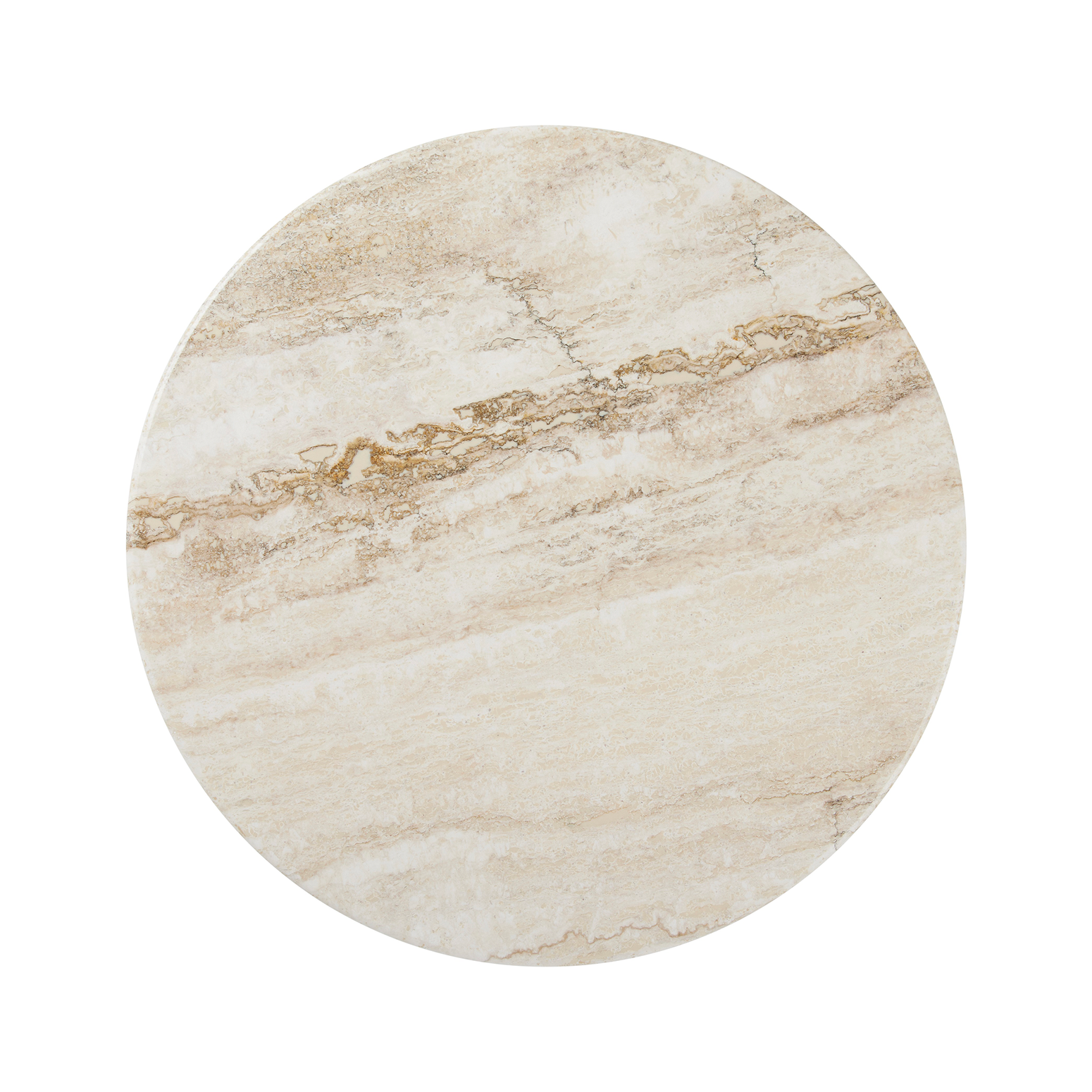 Bordplaten i travertin, i fargen Rippled Beige, har en mykt avrundet kant som gir bordet en ekstra estetisk appell. Da dette er en naturstein vil mønsteret variere fra bord til bord – noe som gjør hvert sidebord helt unikt! 