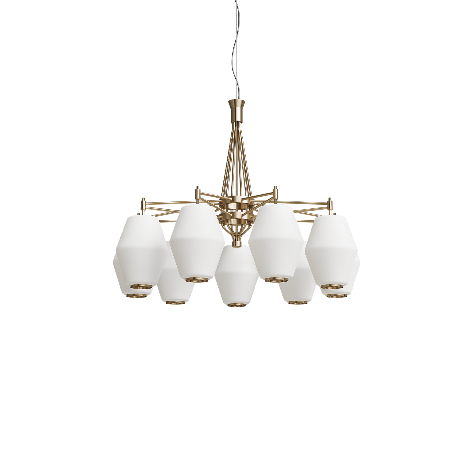 Taklampe Dahl Chandelier i messingfinish med store glasskupler fra Northern.
