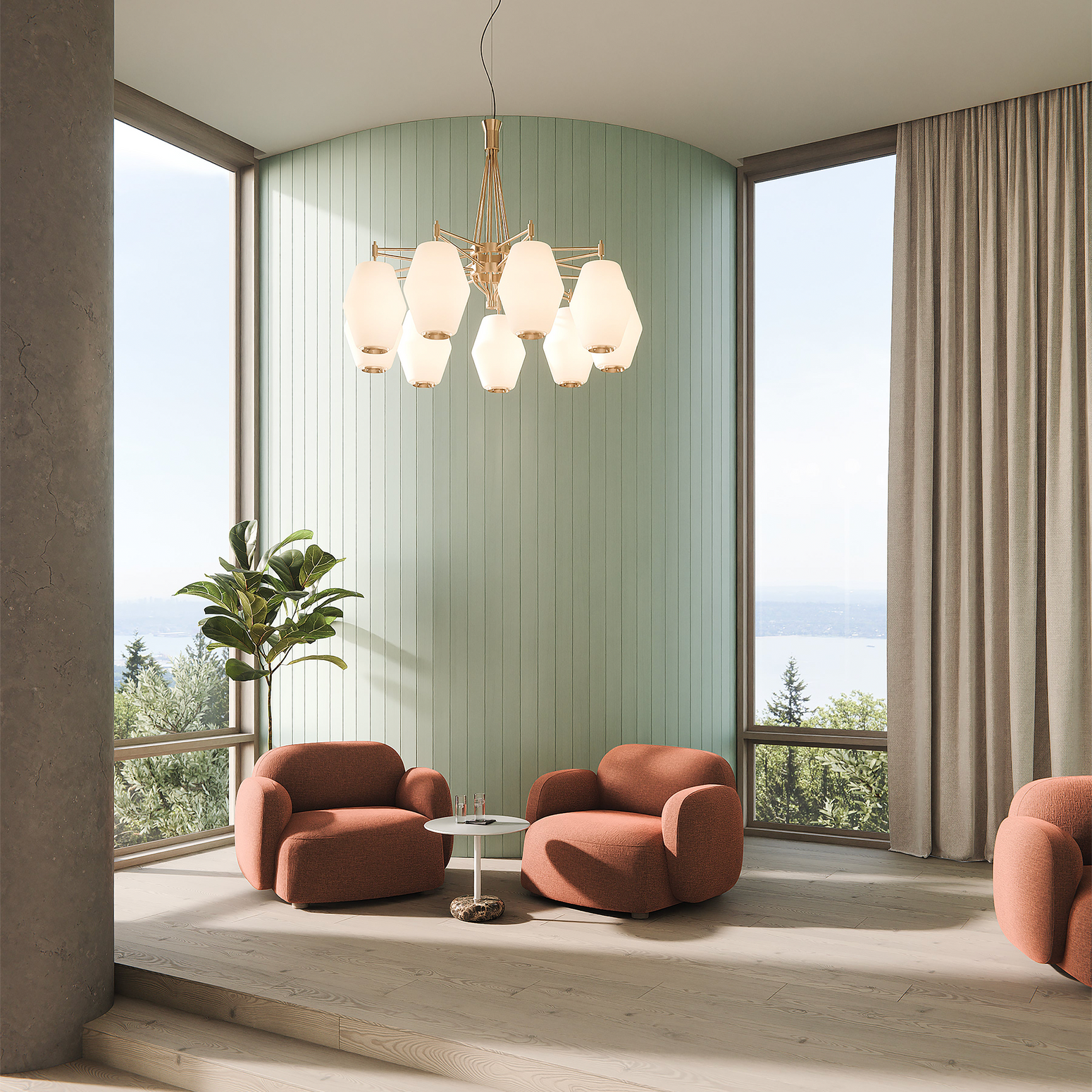 Taklampe Dahl Chandelier i messingfinish med store glasskupler fra Northern.