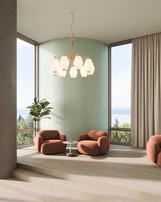 Taklampe Dahl Chandelier i messingfinish med store glasskupler fra Northern.