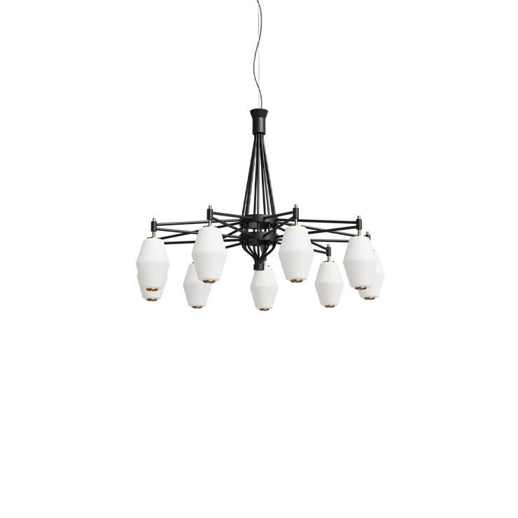 Taklampe Dahl Chandelier i svart finish med små glasskupler fra Northern.