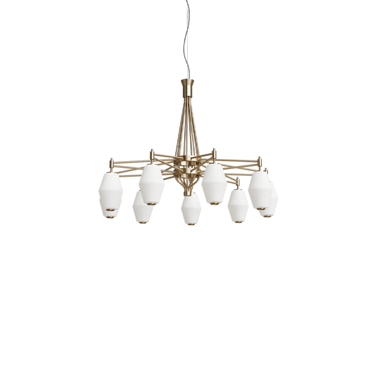 Taklampe Dahl Chandelier i messingfinish med små glaskupler fra Northern.