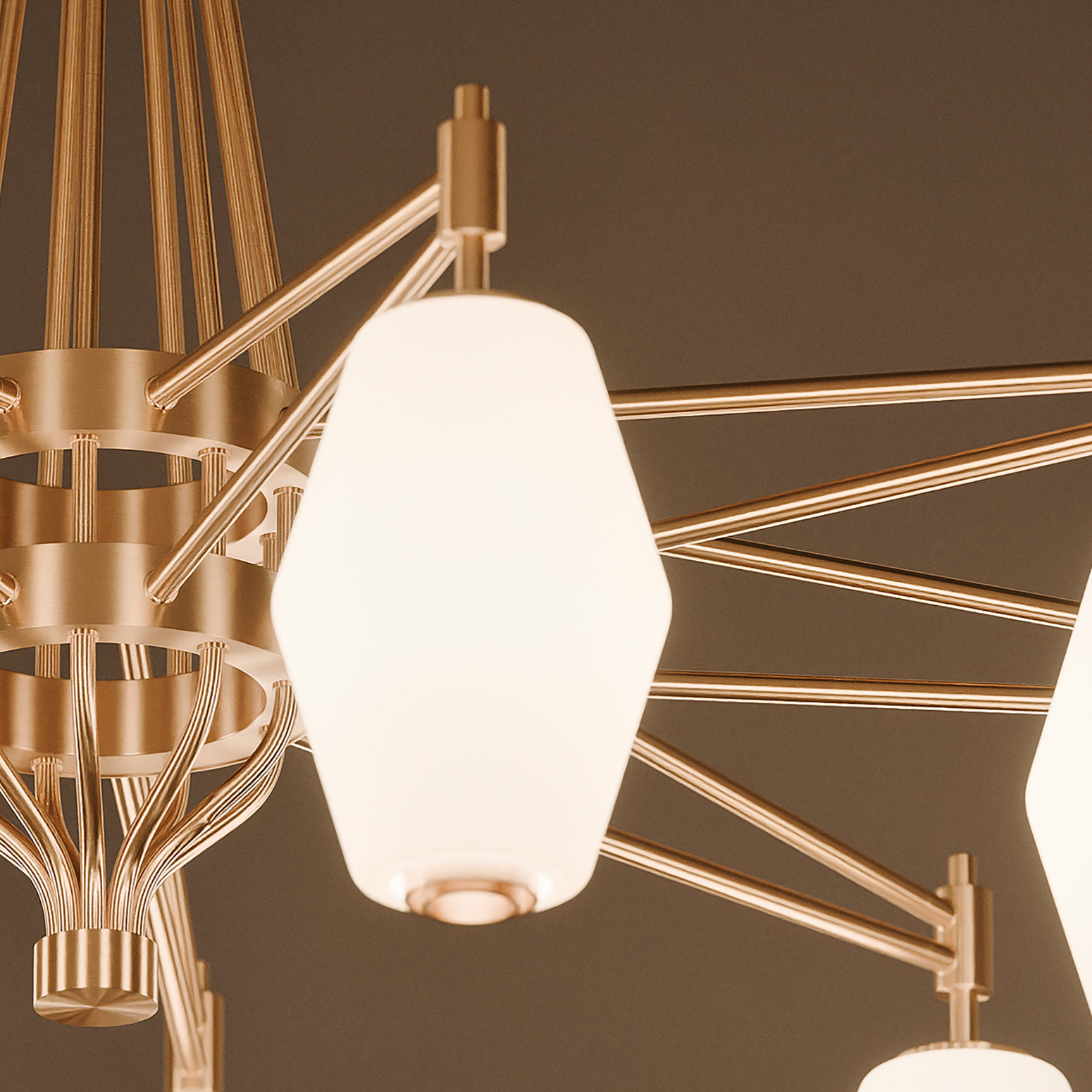 Taklampe Dahl Chandelier i messingfinish med små glasskupler fra Northern.