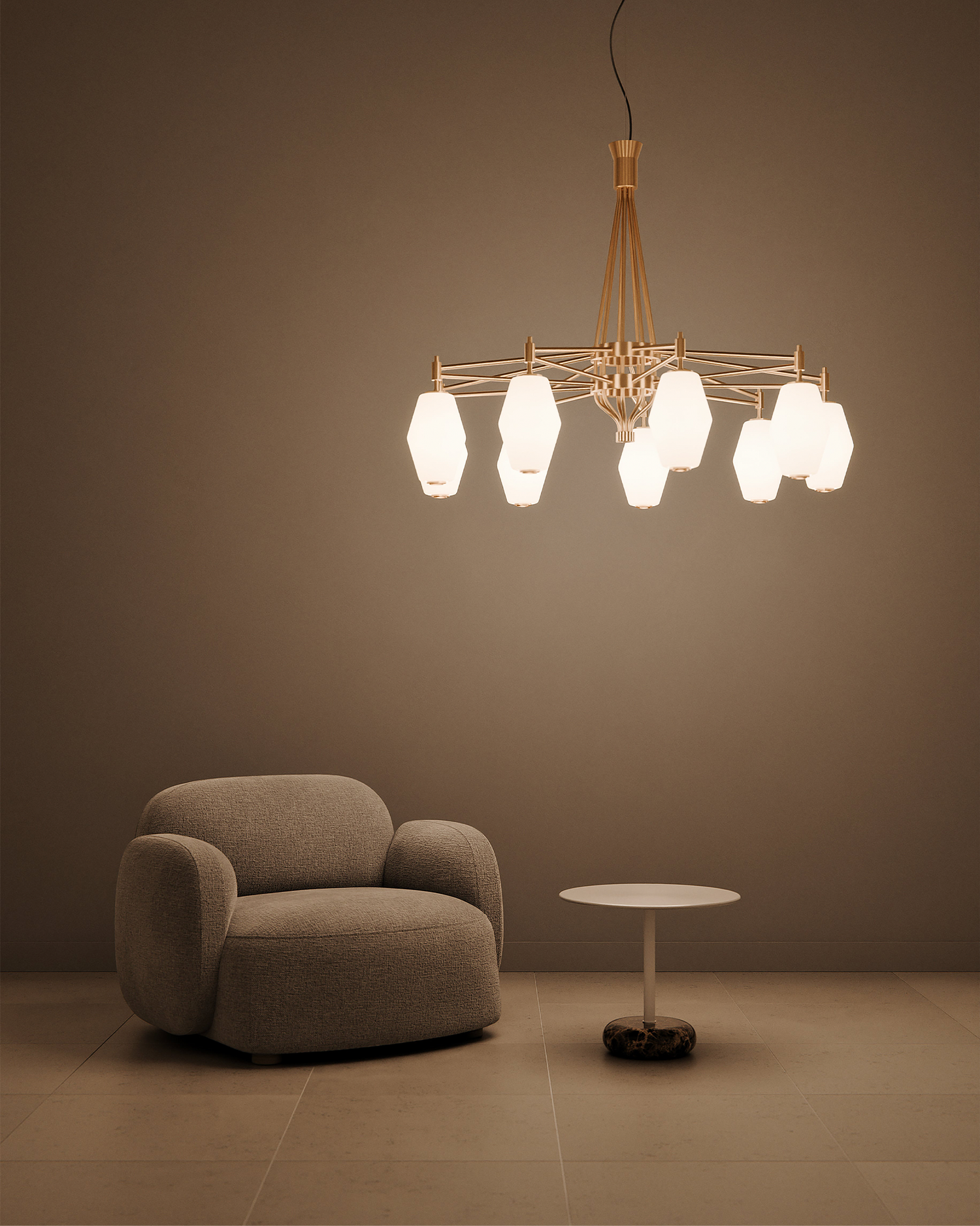 Taklampe Dahl Chandelier i messingfinish med små glasskupler fra Northern.