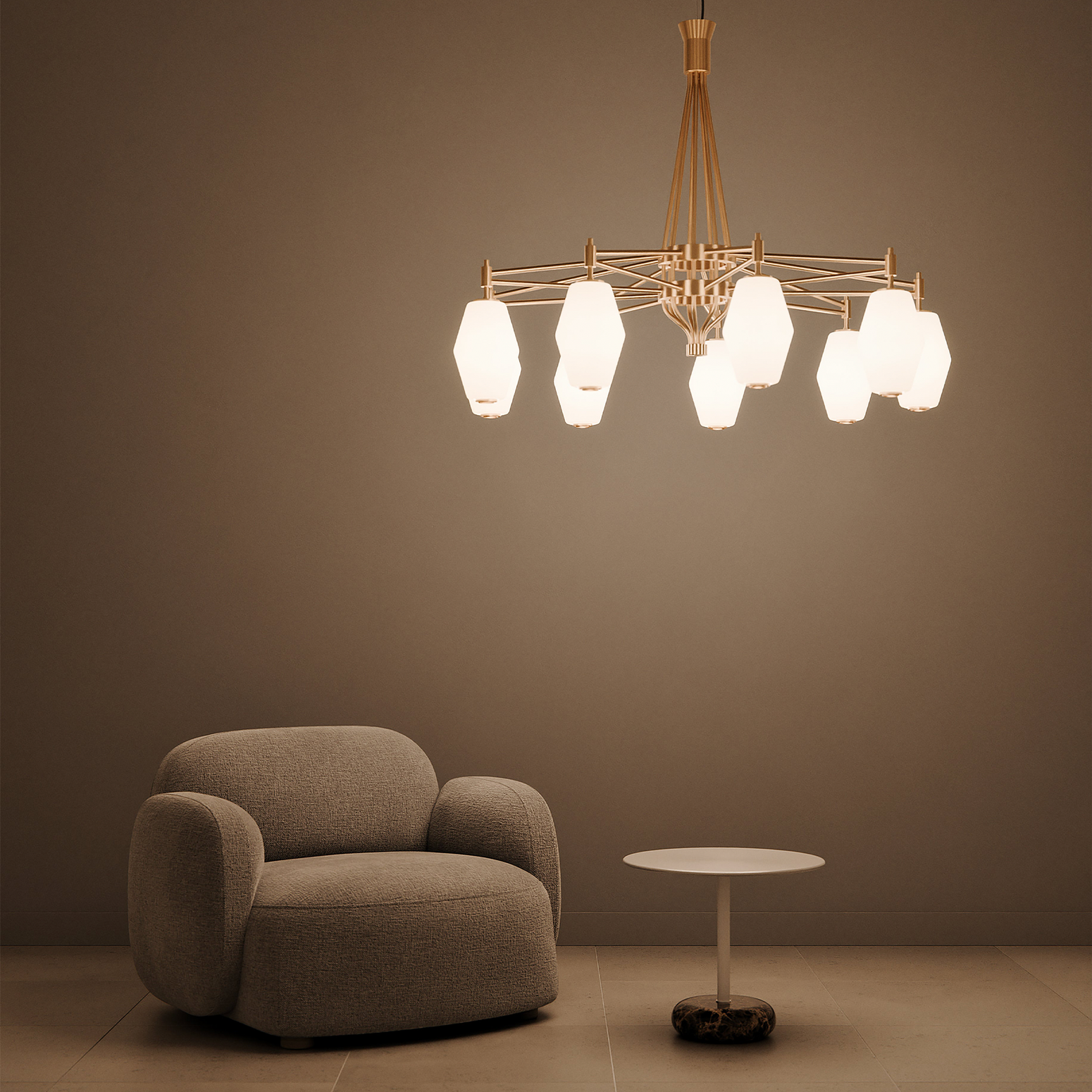 Taklampe Dahl Chandelier i messingfinish med små glasskupler fra Northern.